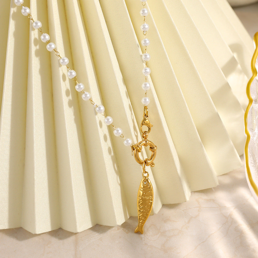 18K Gold Plated Pearl Fish Charm Necklace – Waterproof Stainless Steel Minimalist Jewelry for Women