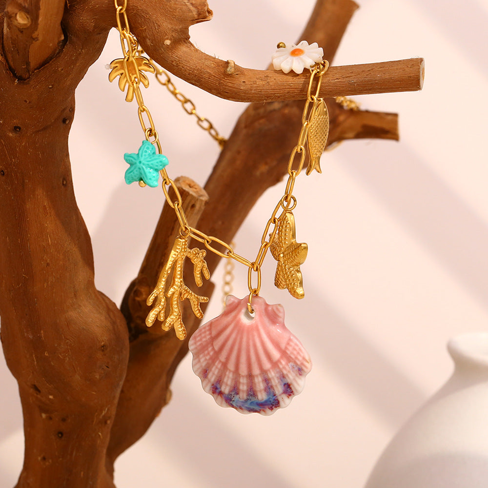 Beach Scallop Pendant Necklace – 18K Gold Plated Stainless Steel Paperclip Chain Ocean Jewelry for Women