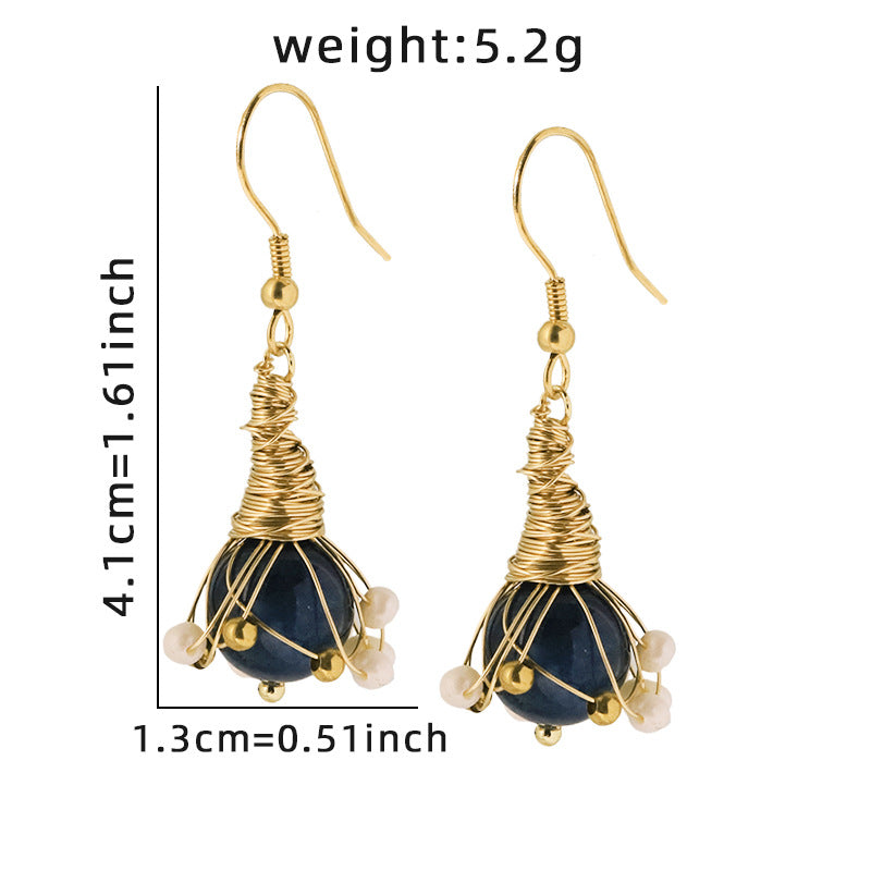 Freshwater Pearl & Blue Crystal Wire-Wrapped Stud Earrings – Vintage Luxe Statement Jewelry for Women