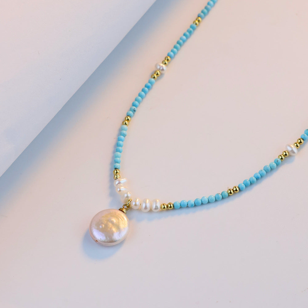Turquoise & Freshwater Pearl Layered Necklace – 18K Gold Plated Minimalist Luxury Summer Jewelry for Women