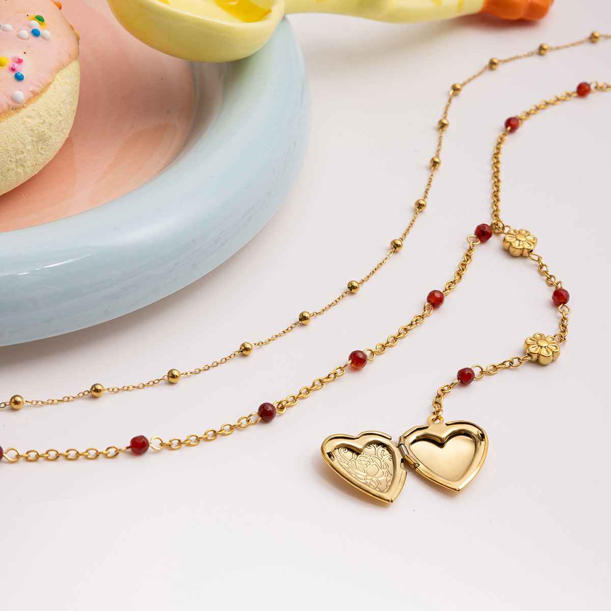Heart Photo Locket Layered Necklace – Red Agate Double Chain Pendant Jewelry for Women