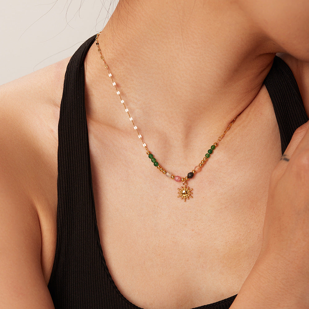 18K Gold Plated Sun Pendant Necklace – Natural Stone French Vintage Stainless Steel Jewelry for Women