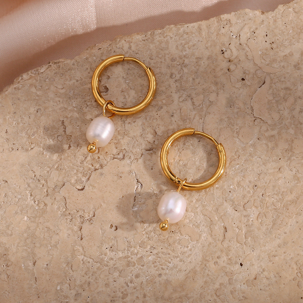 Freshwater Pearl Hoop Earrings – 18K Gold Plated Stainless Steel Minimalist Luxury Jewelry for Women