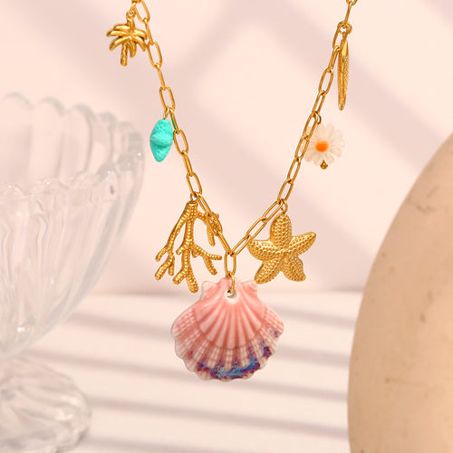 Beach Scallop Pendant Necklace – 18K Gold Plated Stainless Steel Paperclip Chain Ocean Jewelry for Women