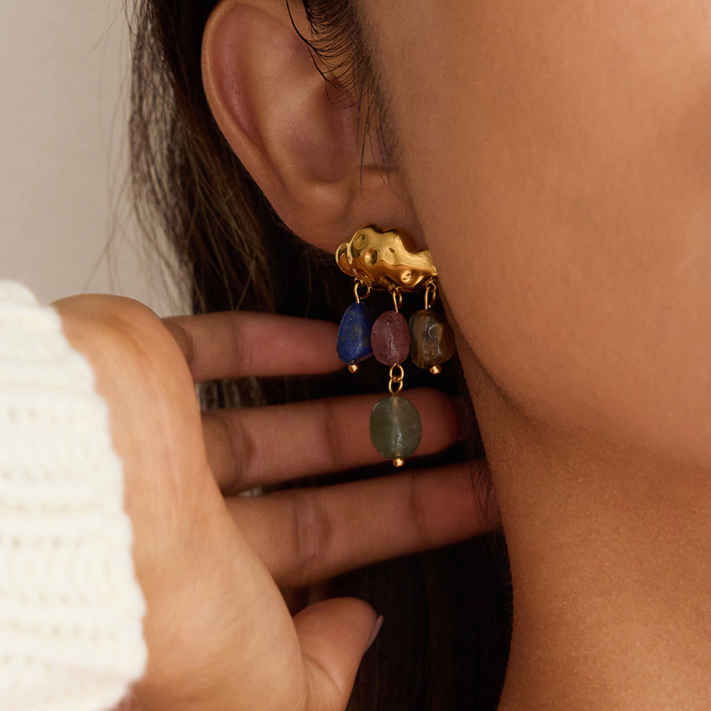 Colorful Natural Stone Cloud Tassel Earrings – Stainless Steel Luxury Jewelry for Women