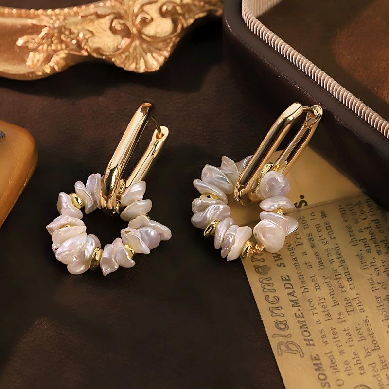 Baroque Pearl & Metal Bead Stud Earrings – 18K Gold Plated Minimalist Luxury Statement Jewelry for Women