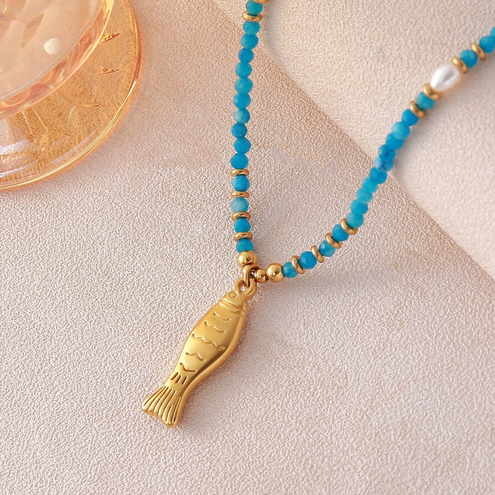 Ocean Fish Charm Necklace – Gold Plated Stainless Steel Natural Stone Beach Jewelry for Women