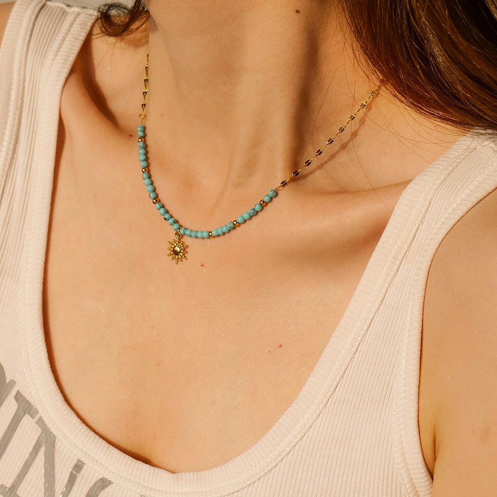 Turquoise Sun Pendant Necklace – 18K Gold Plated Stainless Steel Boho Jewelry for Women