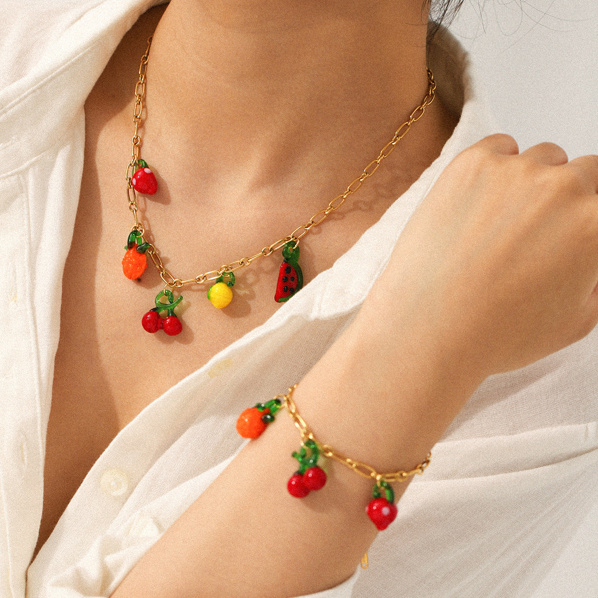 Fruit Charm Necklace & Bracelet Set – Cherry, Strawberry & Watermelon 18K Gold Plated Stainless Steel Cute Summer Jewelry