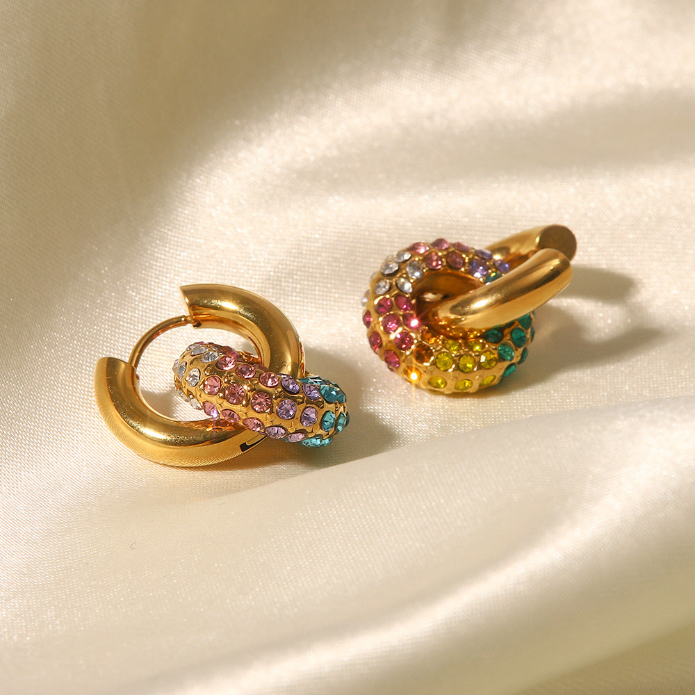 18K Gold Plated Rainbow Crystal Donut Earrings – Trendy Round Statement Jewelry for Women