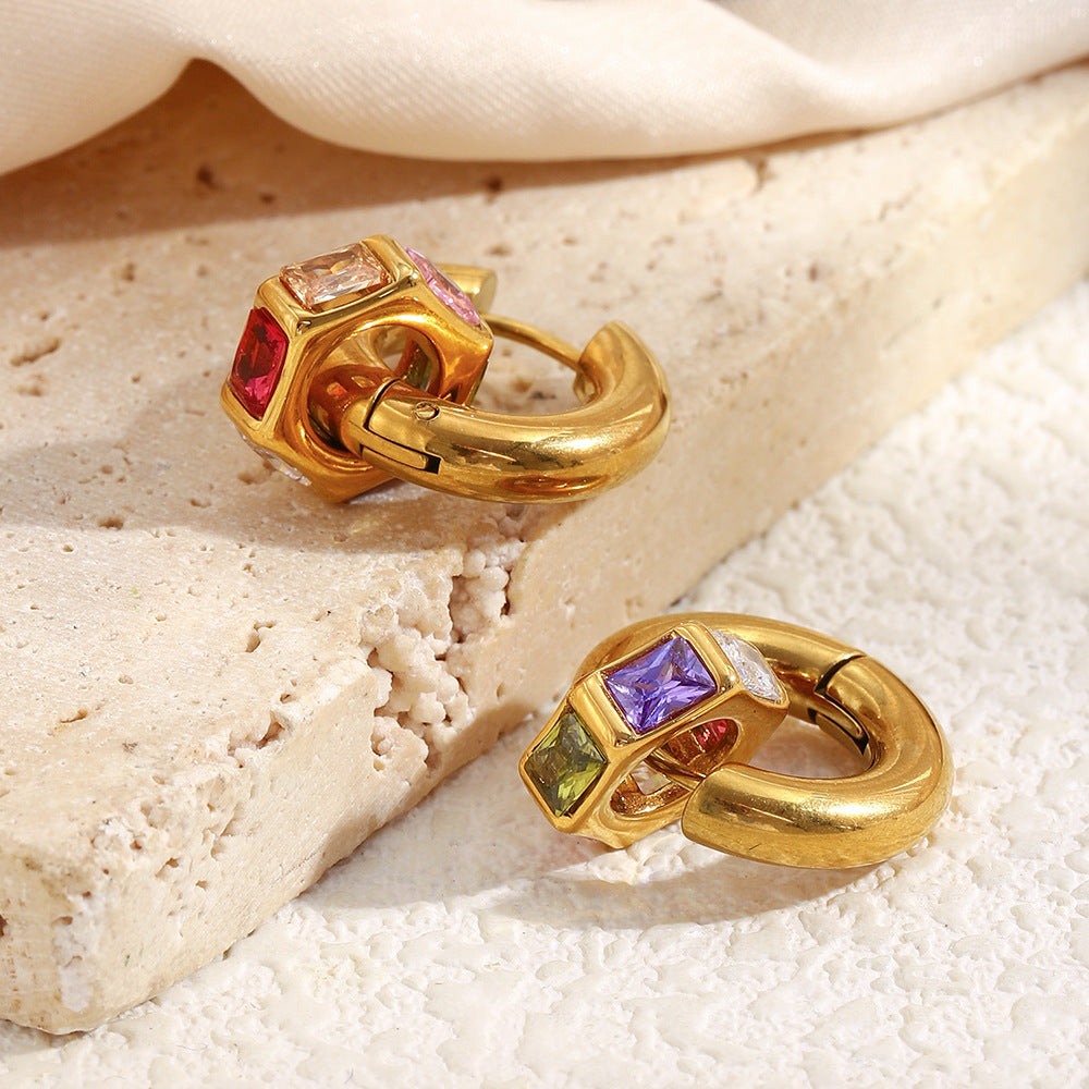 Geometric CZ Hoop Earrings – 18K Gold Plated Stainless Steel Luxury Statement Jewelry for Women