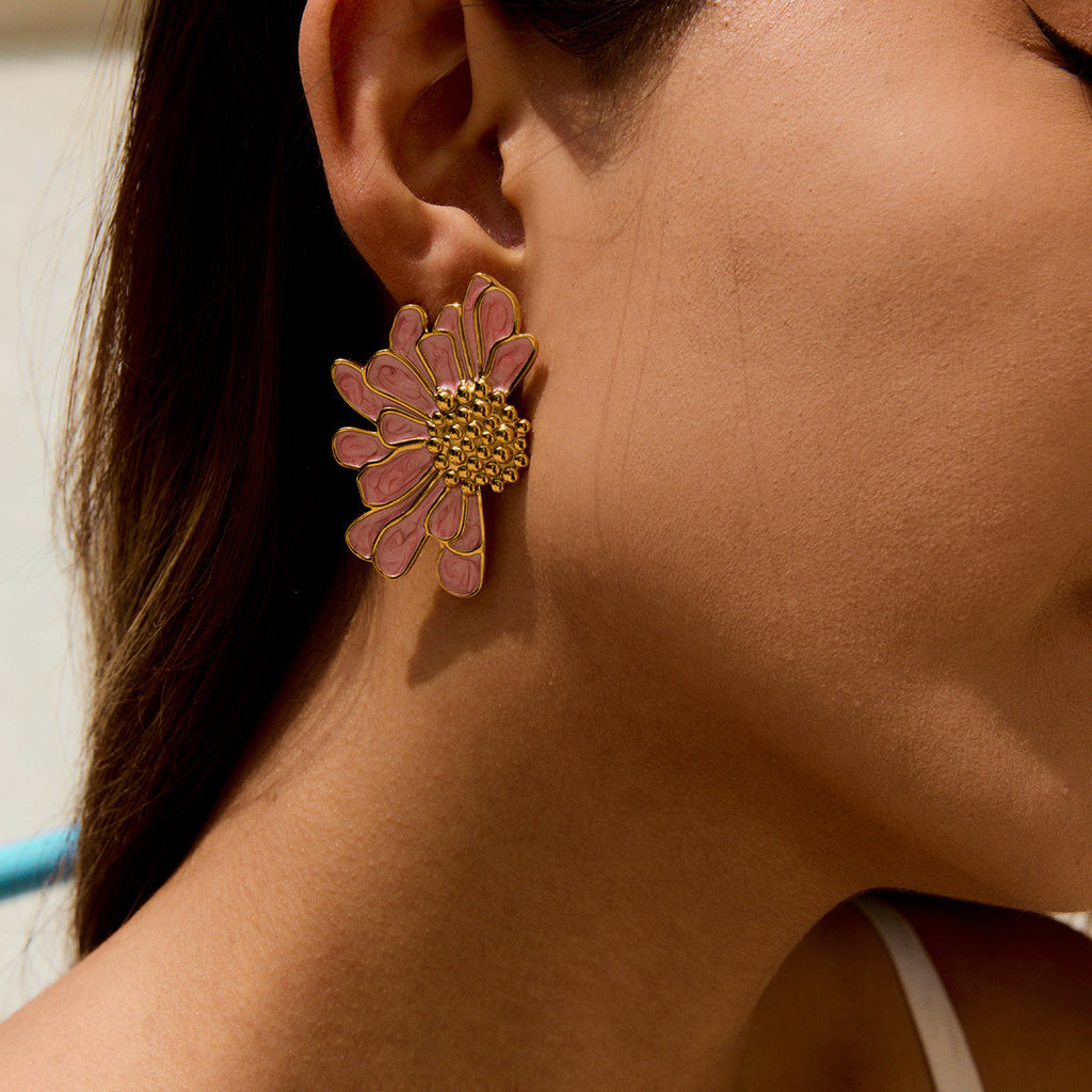 Enamel Flower Stud Earrings – Stainless Steel Titanium Luxury Statement Jewelry for Women