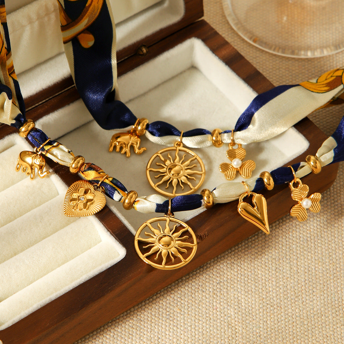 Silk Scarf Tie Necklace & Bracelet Set – 18K Gold Plated Stainless Steel Pendant Fashion Jewelry for Women