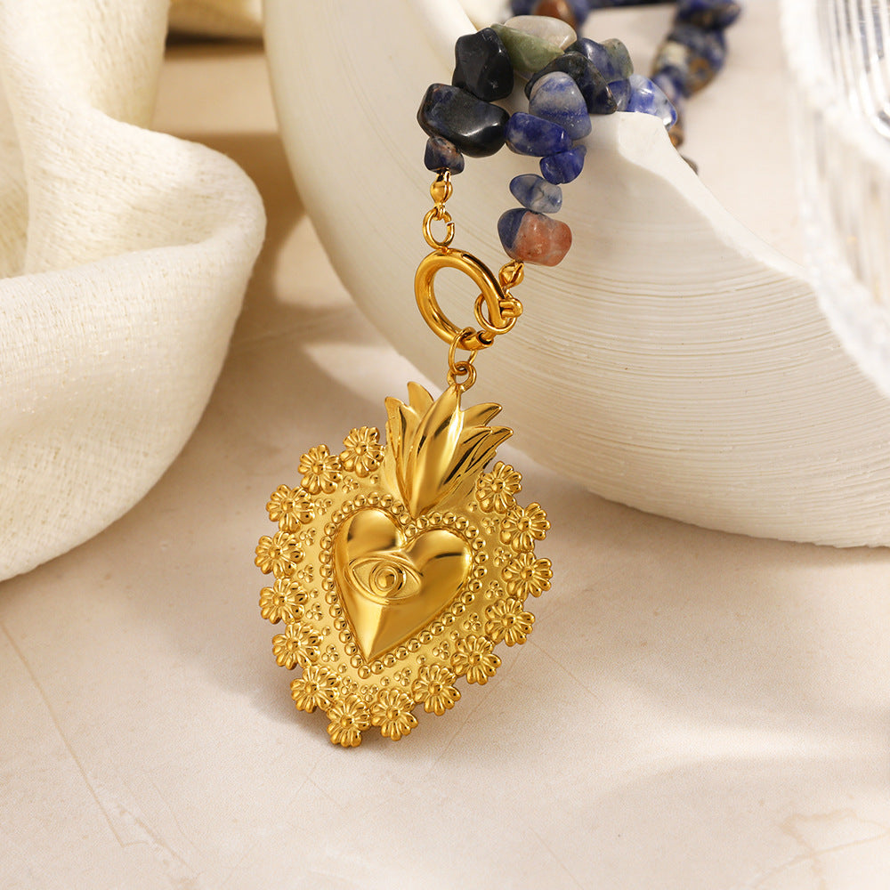 Heart Natural Stone Beaded Necklace – 18K Gold Plated Stainless Steel Vintage Boho Jewelry for Women