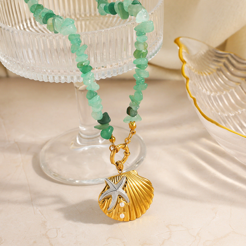 Ocean Natural Stone Beaded Necklace – 18K Gold Plated Stainless Steel Beach Style Jewelry for Women
