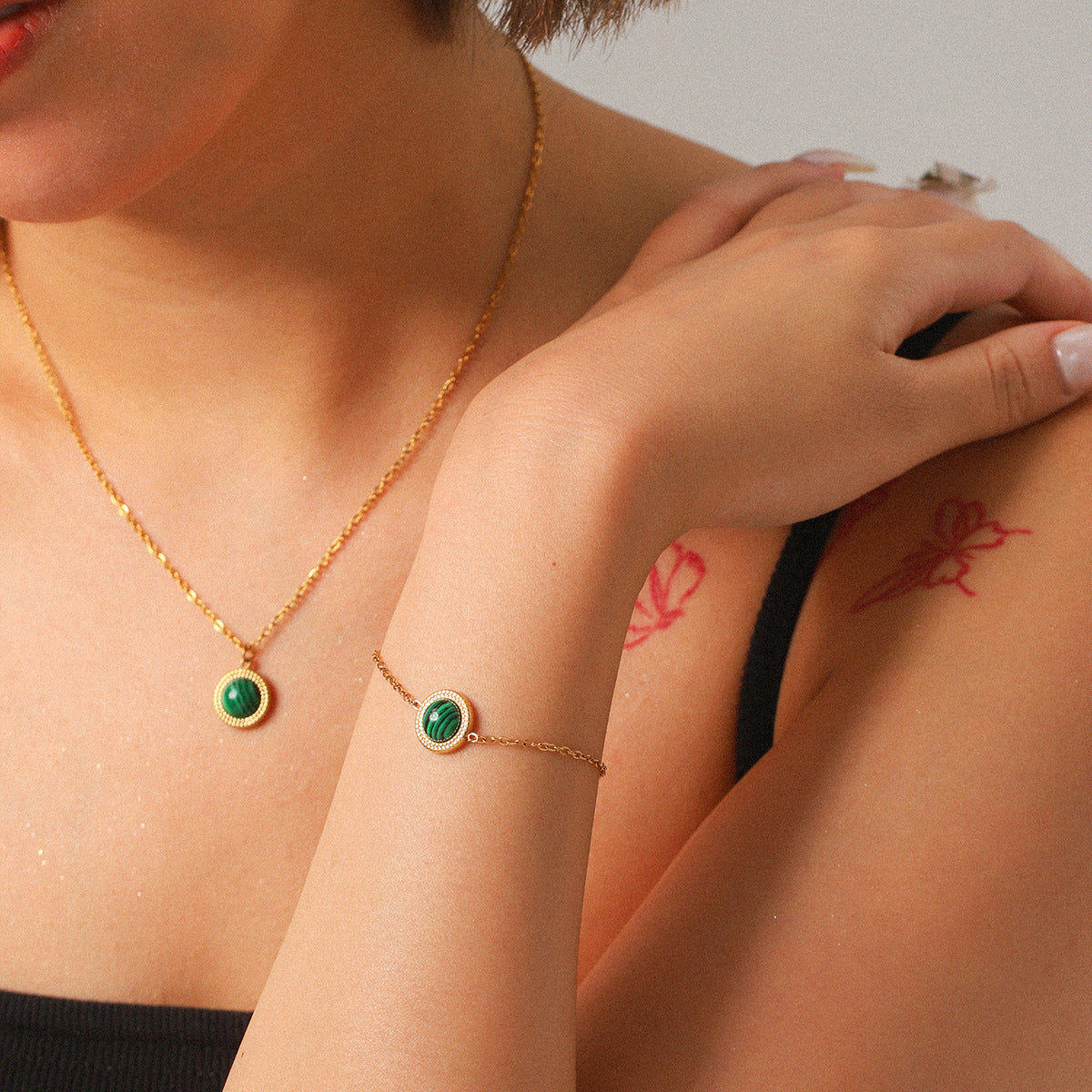 French Vintage Malachite Jewelry Set – 18K Gold Plated Stainless Steel Necklace, Bracelet & Earrings for Women