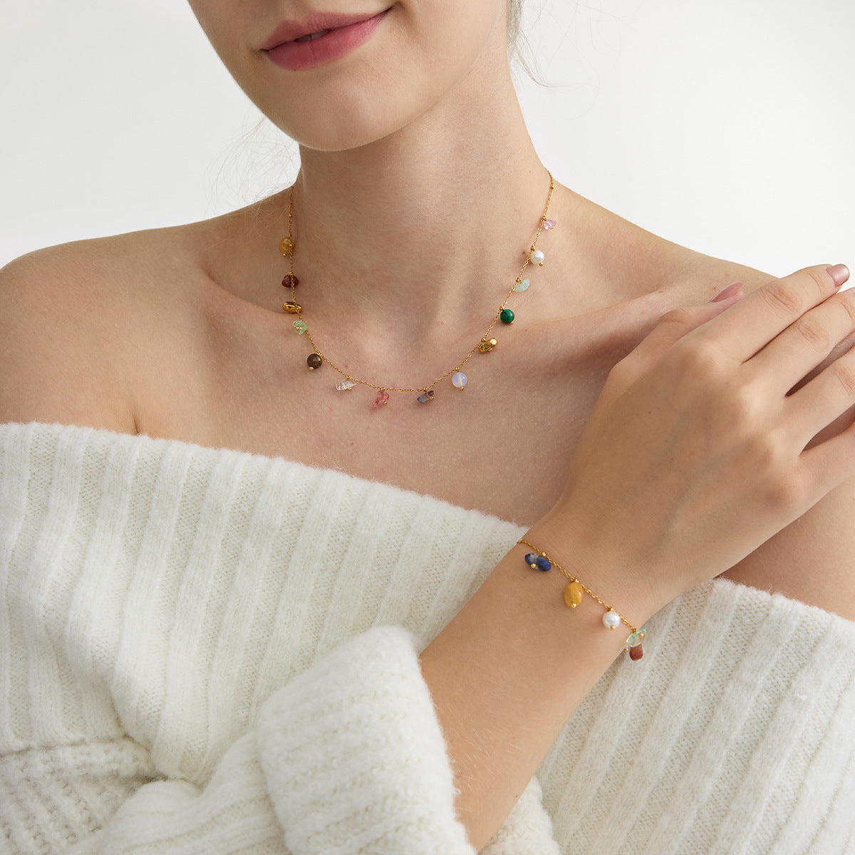Vintage Natural Stone Necklace & Bracelet Set – Stainless Steel Chic Jewelry for Women