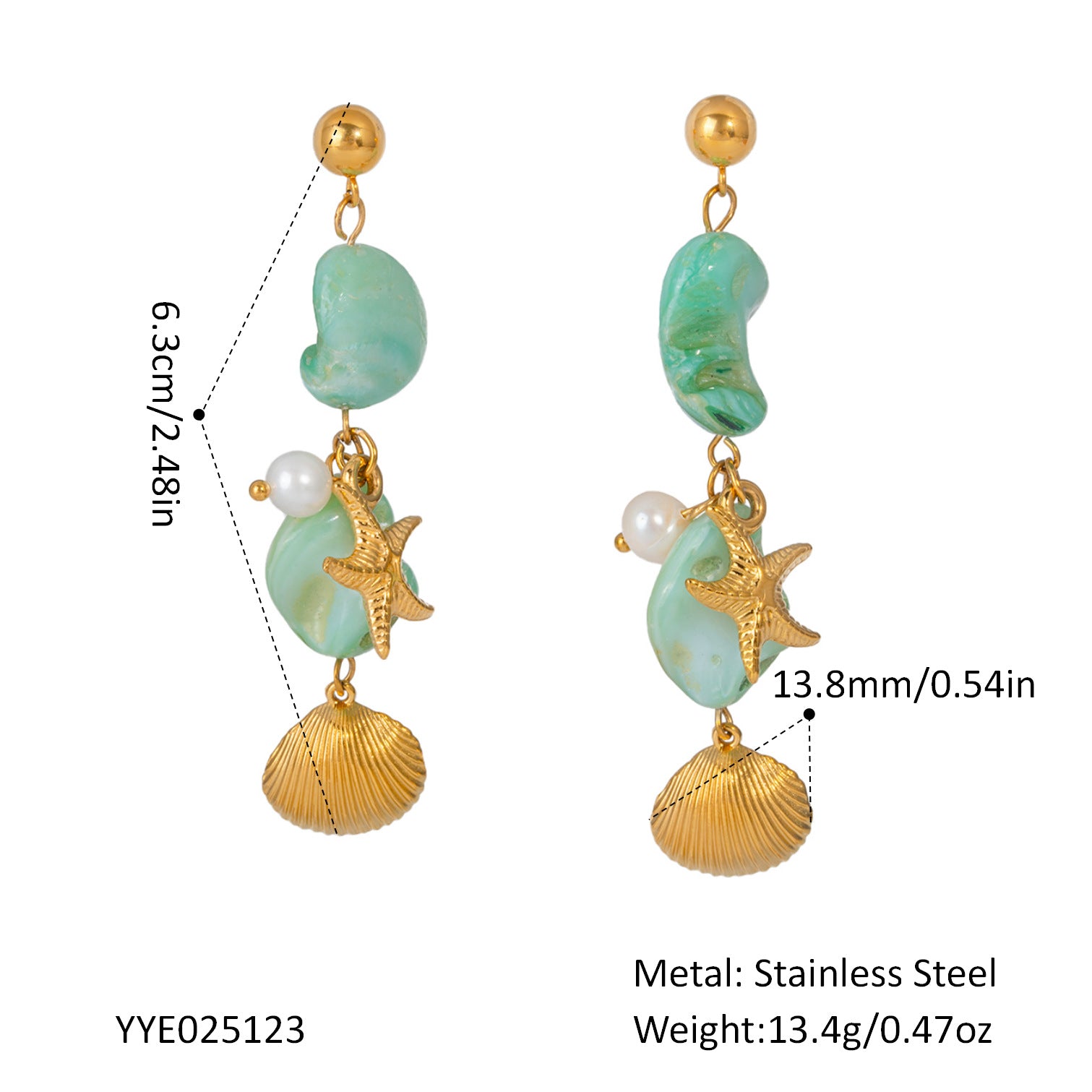 Beach-Inspired Starfish & Shell Earrings – Stainless Steel 18K Gold Plated Gemstone Drop Earrings for Women
