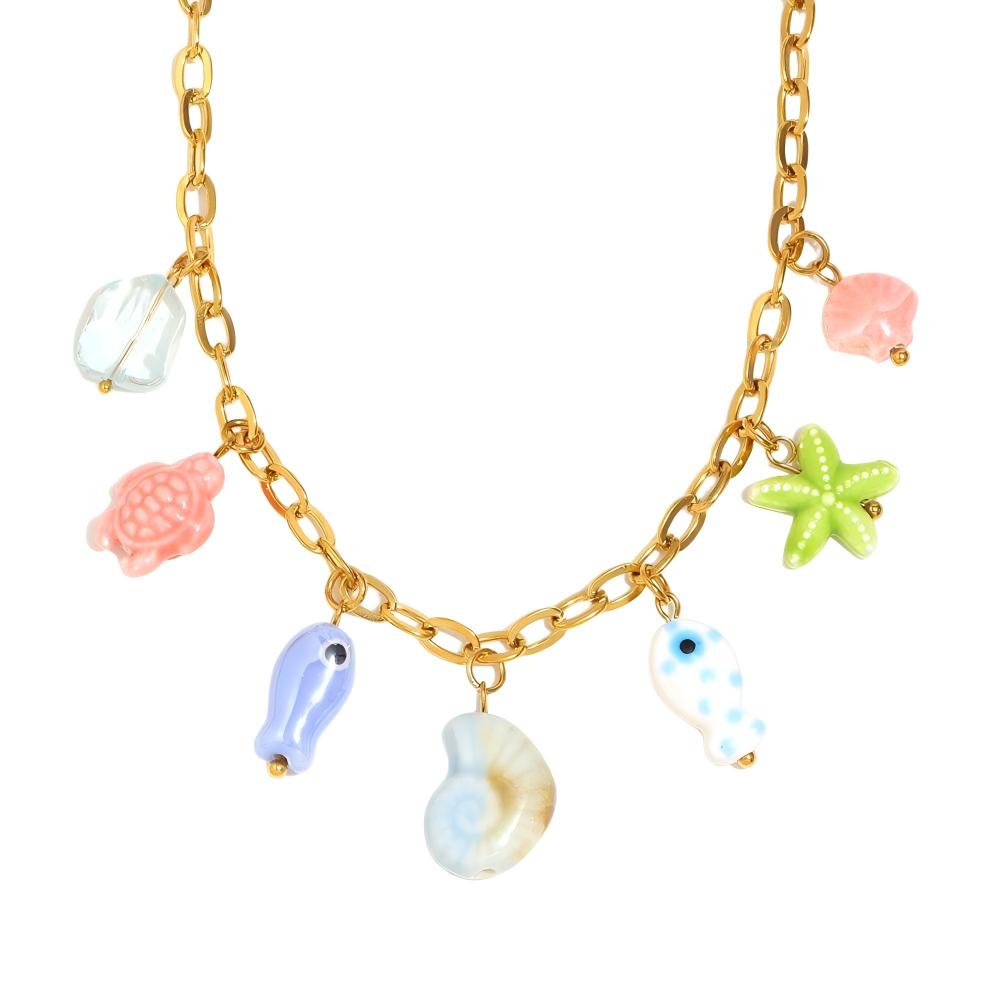 Handmade Ocean Fish Necklace – Colorful Ceramic Beads, 18K Gold Plated Stainless Steel Boutique Jewelry for Women
