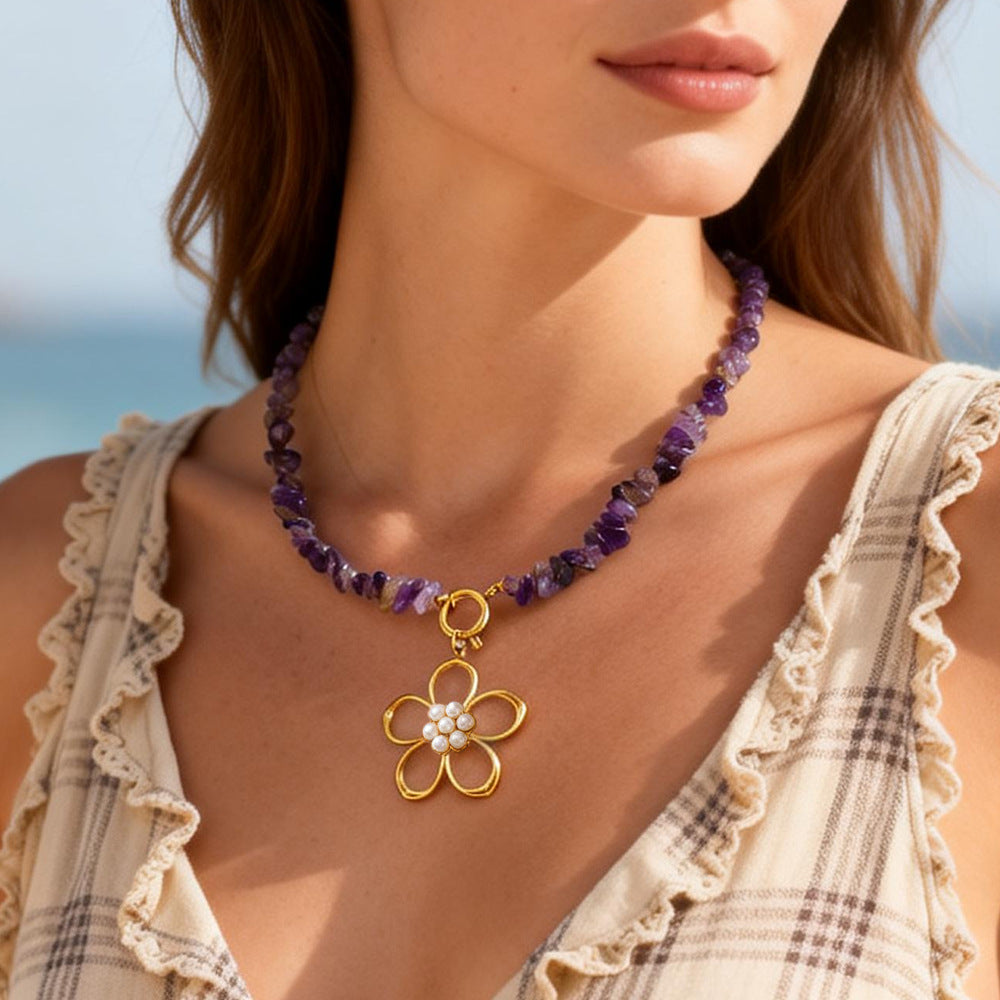 Vintage Beaded Flower Necklace – Natural Stone 18K Gold Plated Stainless Steel Boho Jewelry for Women