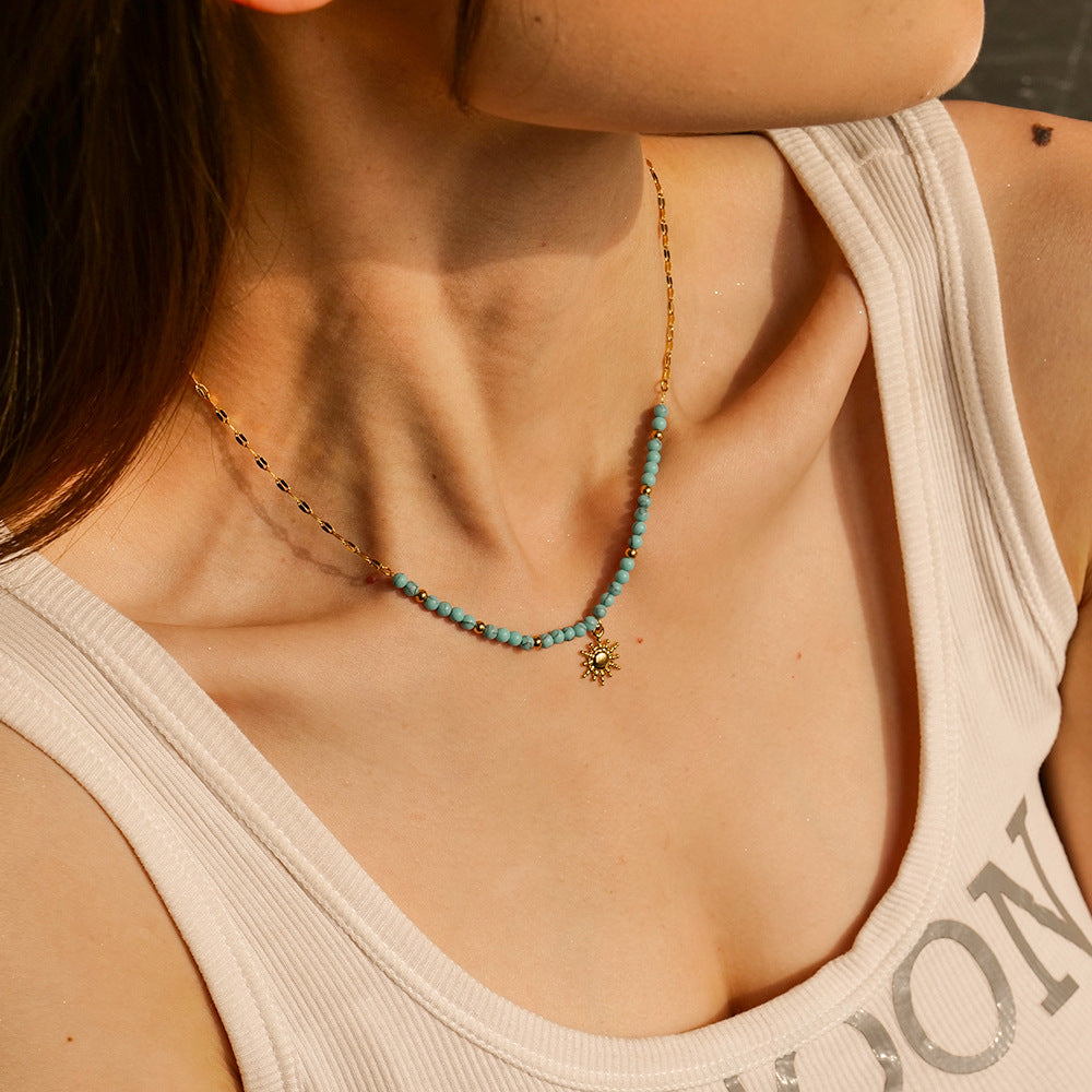 Turquoise Sun Pendant Necklace – 18K Gold Plated Stainless Steel Boho Jewelry for Women