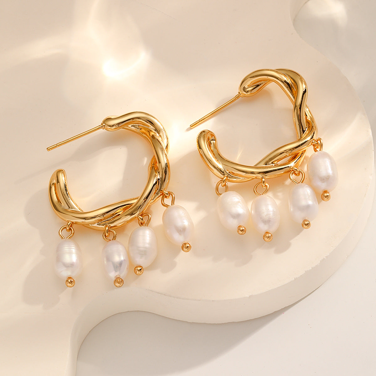 Freshwater Pearl Tassel Hoop Earrings – Elegant C-Shape Minimalist Jewelry for Women