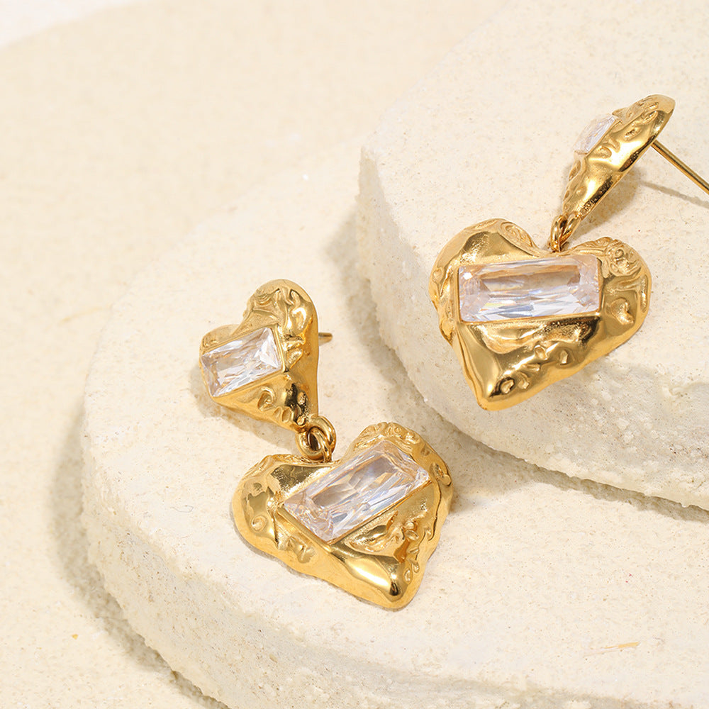 Zircon Heart Stud Earrings – 18K Gold Plated Stainless Steel Minimalist Jewelry for Women