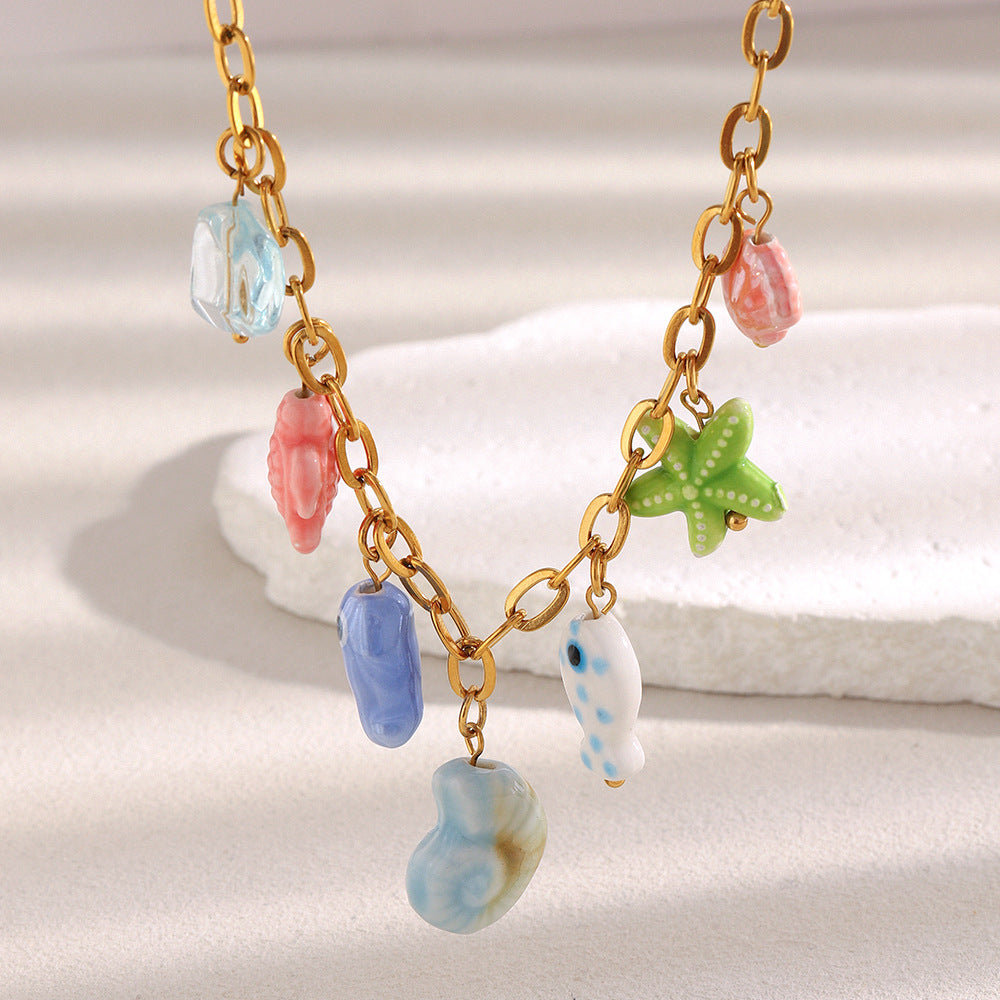 Handmade Ocean Fish Necklace – Colorful Ceramic Beads, 18K Gold Plated Stainless Steel Boutique Jewelry for Women