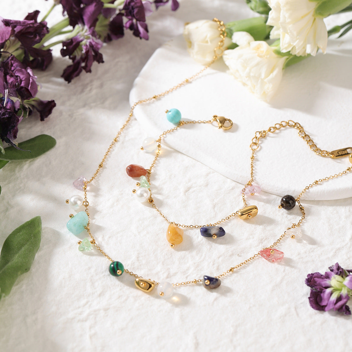 Vintage Natural Stone Necklace & Bracelet Set – Stainless Steel Chic Jewelry for Women