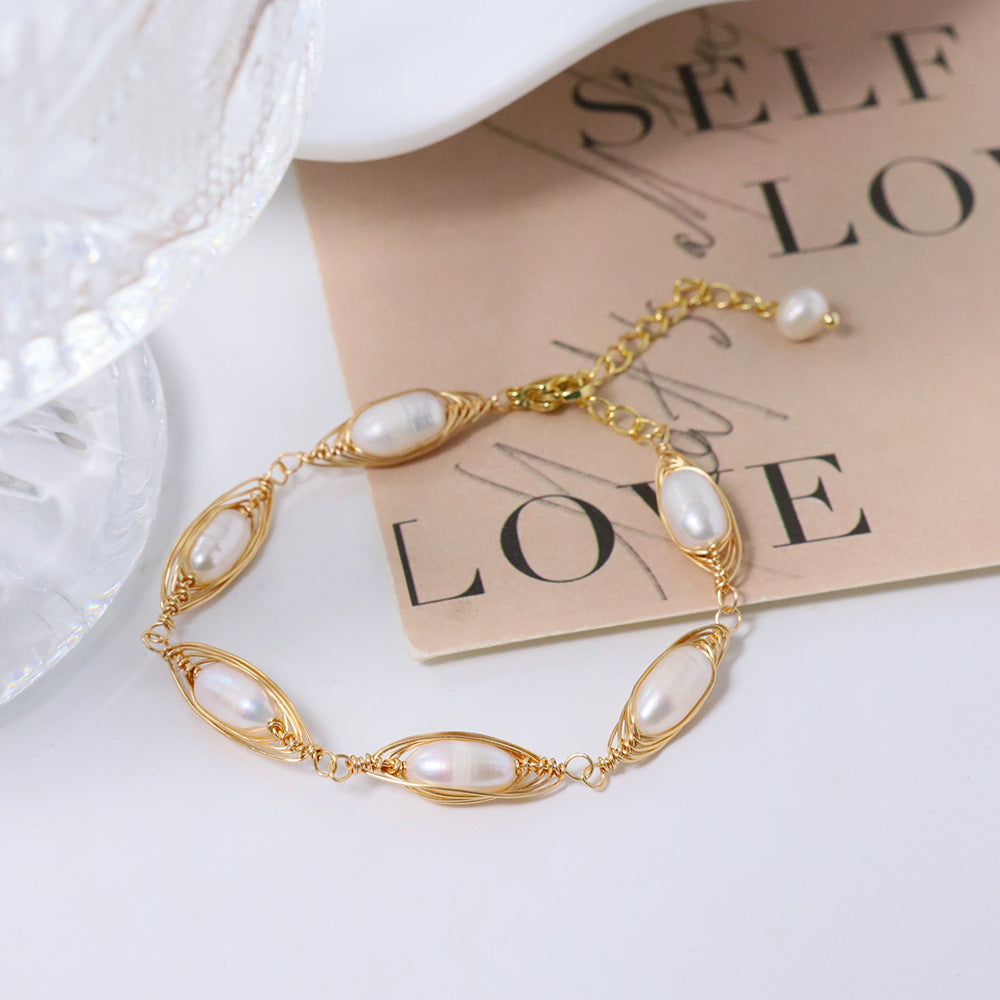 Freshwater Pearl Wire-Wrapped Bracelet – Flower-Inspired Vintage Luxe Statement Jewelry for Women