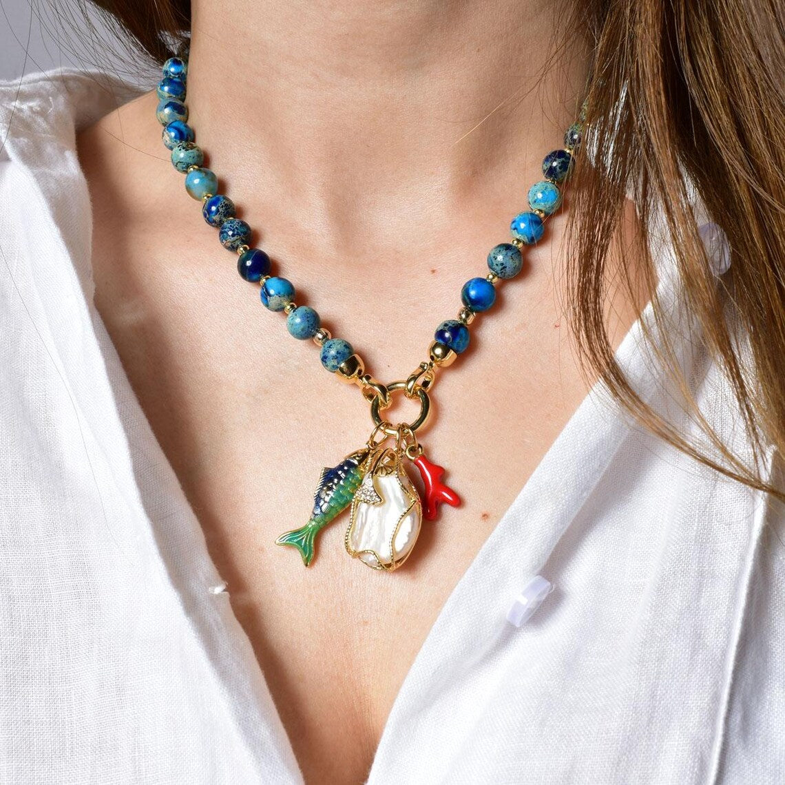 Ocean Jasper Beaded Necklace with 3D Fish Charm & Baroque Pearl Gold Pendant, Handmade Statement Jewelry Gift for Women