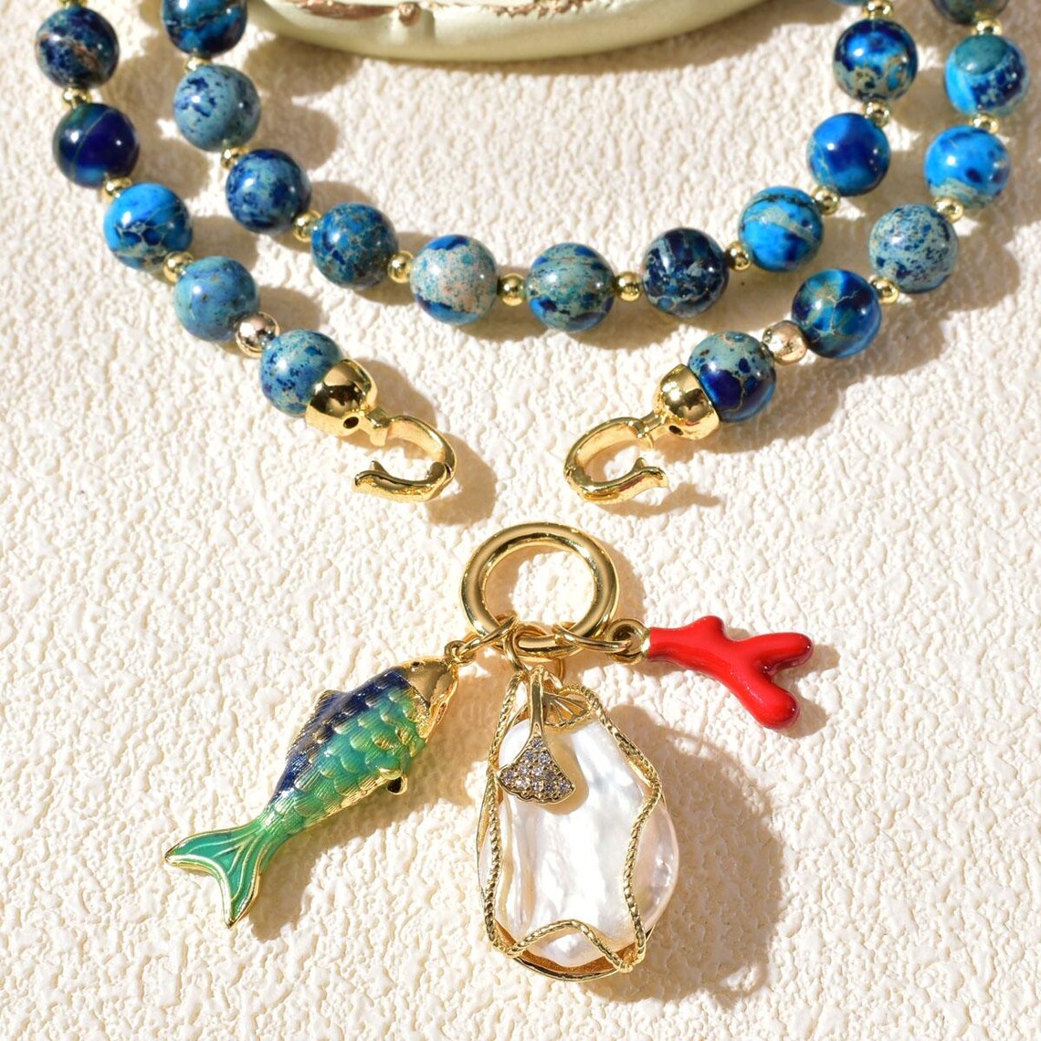 Ocean Jasper Beaded Necklace with 3D Fish Charm & Baroque Pearl Gold Pendant, Handmade Statement Jewelry Gift for Women