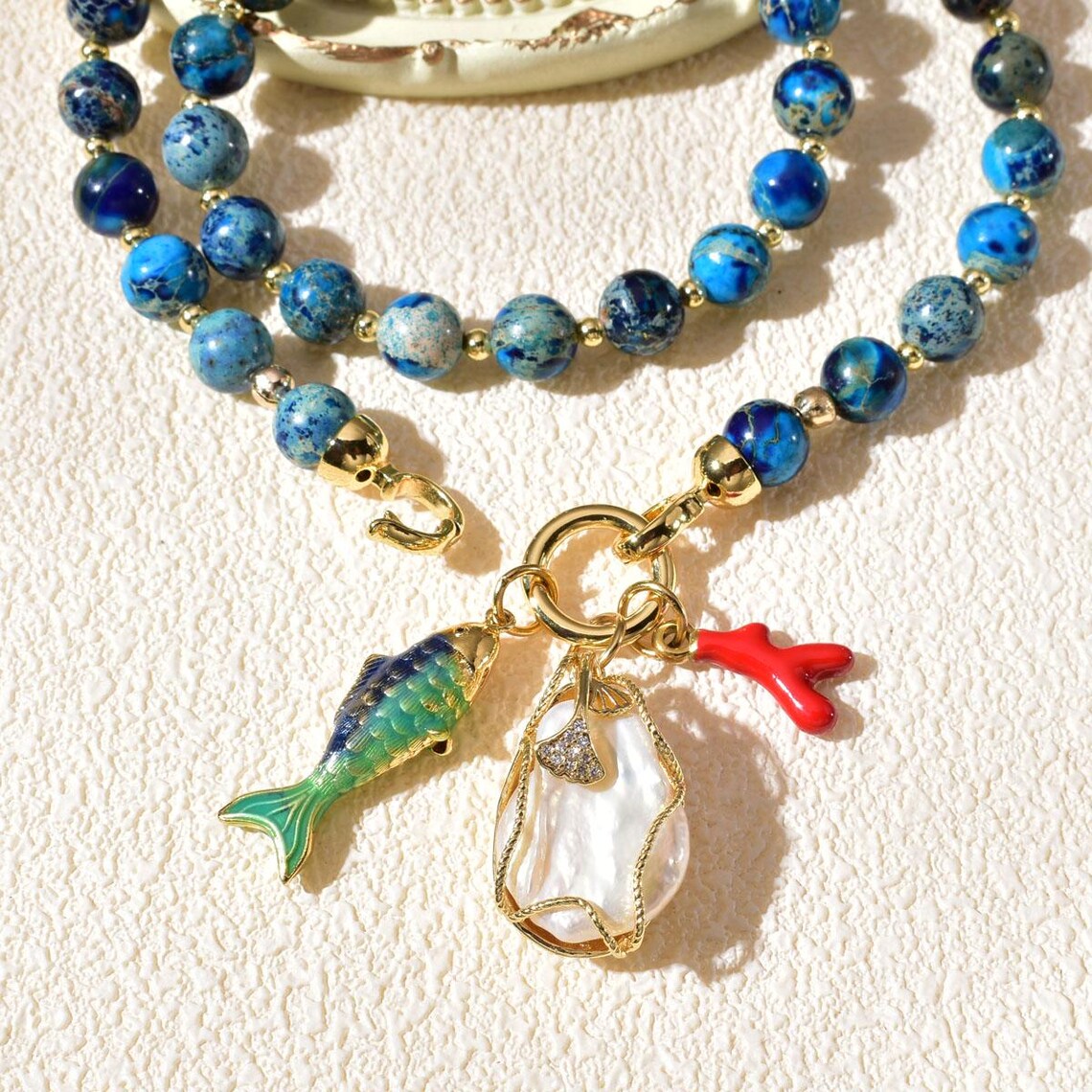 Ocean Jasper Beaded Necklace with 3D Fish Charm & Baroque Pearl Gold Pendant, Handmade Statement Jewelry Gift for Women